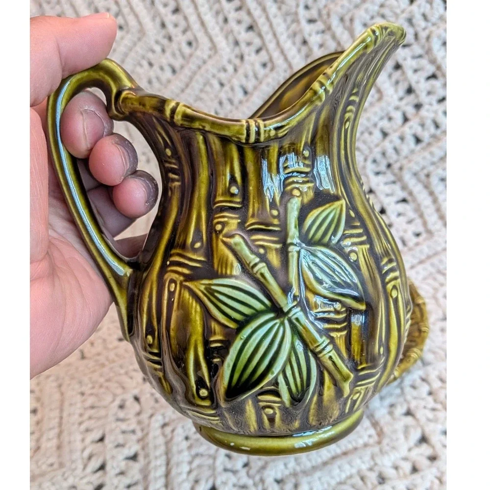Vintage Japan Olive Green Bamboo Ceramic Creamer Saucer Set Daisy Dragonfly